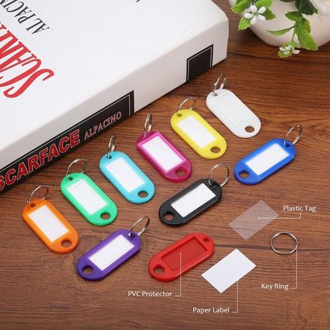 100 portachiavi con anello da 20 mm, etichette in plastica scrivibili con nome e identificativo per valigie e ufficio (10 colori) (1/4)