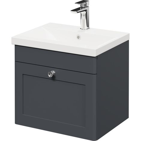 Wholesale Domestic Danbury Satin Anthracite 500mm Wall Mounted Vanity Unit with 1 Tap Hole Modern Basin and Single Drawer with Polished Chrome Handle (1/5)