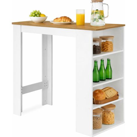 HJ WeDoo Table de Bar avec Rangement, Table de Bar pour Cuisine,  comptoir de Bar pour Bar, Cuisine, Salon, Salle à Manger, 112 x 57 x 106 cm, Blanc et chêne Clair