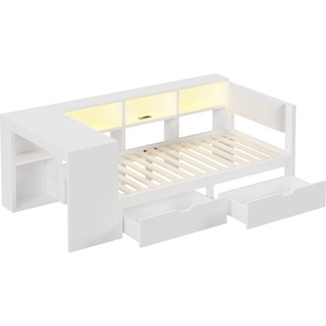 CAIziLit plateforme en bois 90x200 avec rangements, tiroirs, station de charge, tête de lit capitonnée et LED colorées, blanc (1/5)