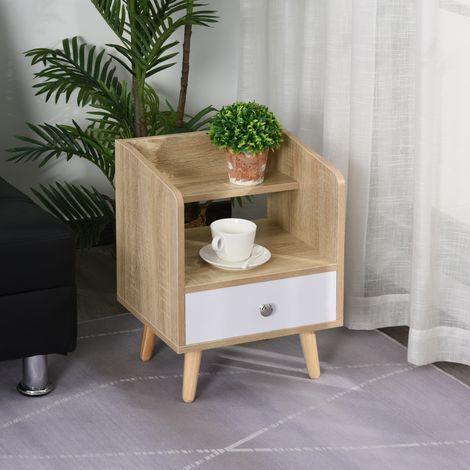 Mesita de noche con cajón y estante, mueble bajo para dormitorio, mesa de salón de madera que ahorra espacio, color blanco.