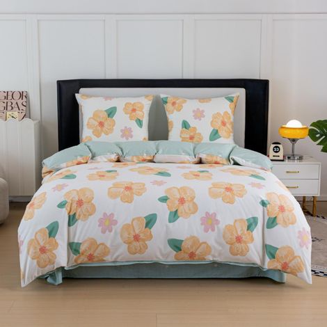 Ropa de cama de satén de 160x200 cm con estampado de flores blancas, albaricoque y menta. (1/5)