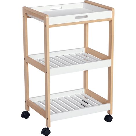 Carro de cocina con ruedas 46 x 35 x 75 cm bandeja extraíble 2 estantes con frenos diseño en madera de pino blanco 210000983 (1/5)