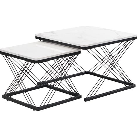 Set de 2 mesas de centro cuadradas blanco mármol alto brillo MDF, 60x60x45 y 45x45x40 cm (1/5)