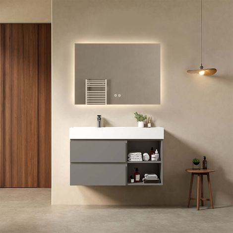 Mobile bagno sospeso 100 cm Grigio Londra Lavabo a Sinistra in Resina Specchio Quadro Retroilluminato - Fiji Paint Plus (1/4)