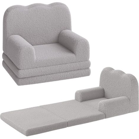 Canapé du vague 2-en-1 évolutif pour enfant, Fauteuil et méridien dépliable, Tissu polaire ultra-doux mousse, Gris (1/5)