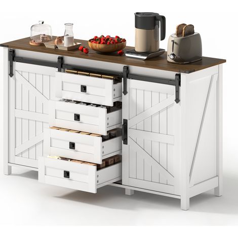 Kuchenbuffet mit 2 Schiebeturen und 4 Schubladen, fur Kuche und Esszimmer, aus MDF, Weiss, 137×40×81.5 cm (1/5)