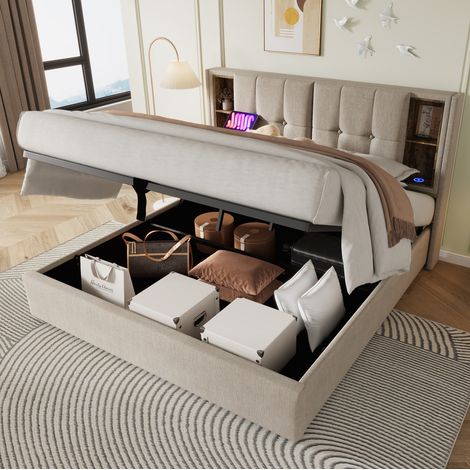 Cama tapizada con canapé 180x200 cm natural en lino, cabecero con estantes, carga inalámbrica, USB y USB-C