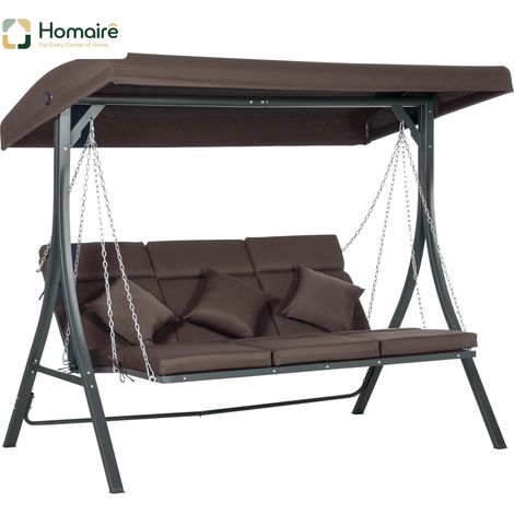 HOMAIRE Hollywoodschaukel 3-Sitzer mit verstellbarem Sonnendach, Kissen, Metall-Texteline-Konstruktion und 270 kg Belastbarkeit in Braun