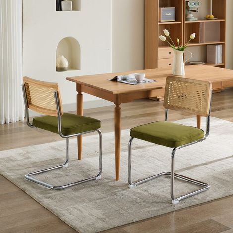 Chaises de salle à manger lot de 2, en velours, dossier en rotin, base chromée, vert olive DESVIAE (1/5)
