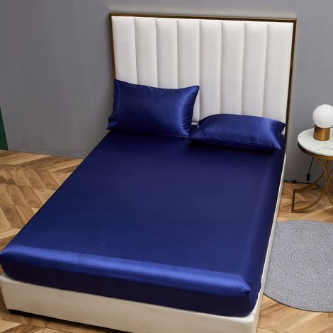Damier Drap-housse en satin de soie 140x200 cm Bleu Satin Brillant Drap-housse en satin, adapté pour des matelas jusqu'à 30 cm (1/5)