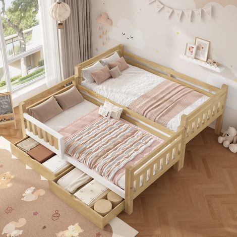 Lit Superposé Enfant 90x200 cm Séparable en 2 Lits Simples avec 2 Tiroirs, Échelle et Barrière de Sécurité Haute, Bois - Blanc et Naturel (1/5)