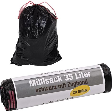 KesTek Müllsäcke Abfallsäcke Müllbeutel Zugbandbeutel 35L 20 Stück LDPE 20µm Schwarz (1/4)
