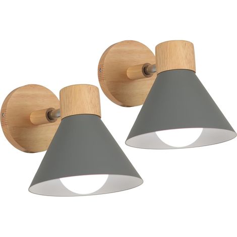 2 Piezas Aplique de Pared Interior Regulables Lámparas de Pared Moderna Industrial Madera E27 para Dormitorio, Salón, Pasillo Café - Ø18cm, Gris (1/5)