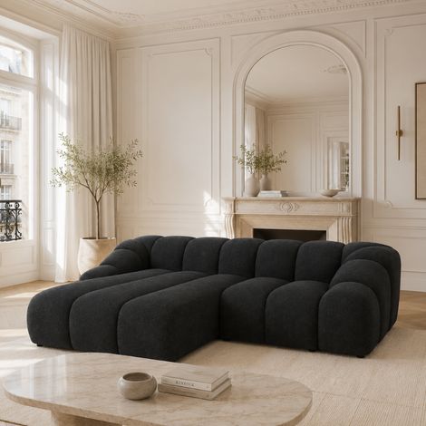 LORELIA - Canapé d’angle en tissu aspect velours - 4 places - 305 cm - Gris foncé (1/4)