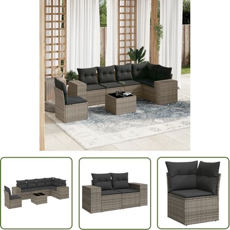 The Living Store 7-tlg. Garten-Sofagarnitur mit Kissen Grau Poly Rattan - Gartenmöbel Set - Esszimmergarnitur - Outdoor Möbel - Rattan Gartenmöbel - Lounge Garnitur (1/5)