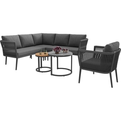 Set de jardin pour 5-6 personnes, grand canapé d’extérieur, module angle 6 pièces avec banc et coussin, gris – Pour terrasse et balcon