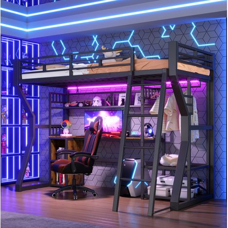 Cama alta moderna 90x200 cm de metal negro con escritorio, estantes, perchero, enchufe integrado y luz LED