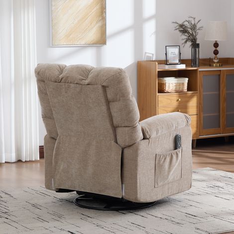 Fauteuil inclinable pivotant à 360°, équipé de massage et chauffage. Dossier et repose-pieds réglables, teinte kaki clair (1/5)