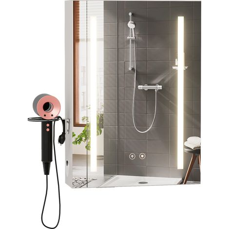 Meuble mural miroir salle de bain LED antibuée 3 couleurs support sèche-cheveux blanc (1/5)