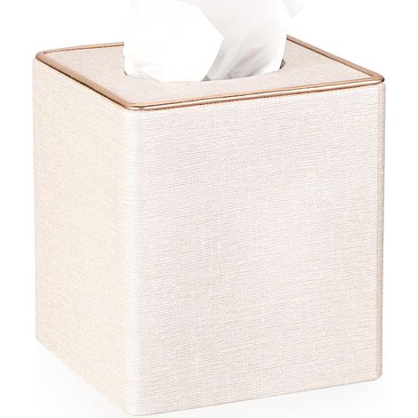 Boîte à mouchoirs carrée en lin avec ligne dorée décorative – Support cube pour papier de soie, housse de mouchoirs, organisateur de mouchoirs, boîte à serviettes, beige (1/5)
