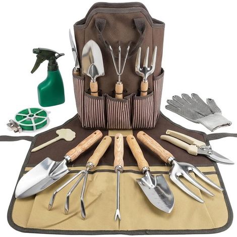 12 teiliges Gartenwerkzeugset aus Edelstahl Robustes Werkzeugset mit großer Gartentasche und Schürze Ergonomisches Design für Gartenarbeit und an (1/5)
