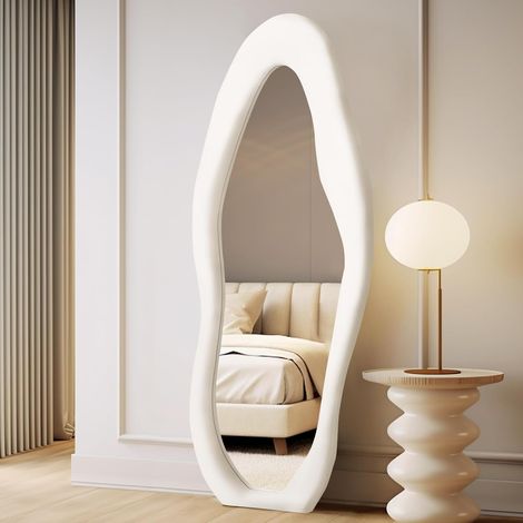 Miroir mural pleine longueur de forme ondulée irrégulière, avec support et cadre en flanelle ivoire, pour chambre à coucher et entrée, 160 x 60 cm (1/5)