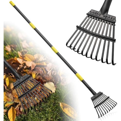 Râteau arboricole, 150 cm, 11 dents métal, 21 cm large, poignée acier régulière, pour gravats parterres fleurs (1/5)