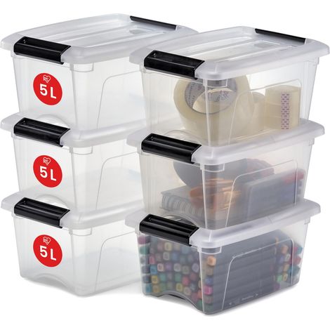 Petite Boite Rangement Plastique avec Couvercle, 5L, Lot de 6, Transparent, Clips de Fermeture, Poignée, Empilable, Organisation Solide (1/5)