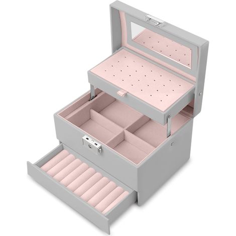Boîte à bijoux avec miroir - Organiseur de rangement portable - 17,5 x 13,7 x 12,3 cm - Gris (1/5)