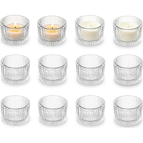 Lot de 12 Photophore Verre Transparent 5 x 3.5 cm, Bougeoir Support Bougie Chauffe Plat, Supports à Bougies Style Rétro, Décoration Table DIY pour Centre de Table, Mariage, Fête Maison, Camping (1/5)