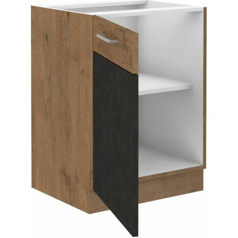Mueble bajo ROCK - Melamina con decoraciÛn roble lancelot y gris matera - 1 puerta - L60 x H82 cm