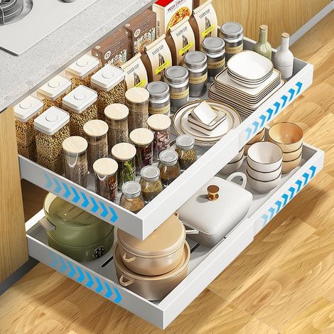 Lot de 2 tiroirs extensibles télescopiques pour armoires de cuisine, largeur réglable de 31,5 à 52 cm, pas de perçage nécessaire, avec système de rails pour armoires de cuisine (blanc) (1/5)