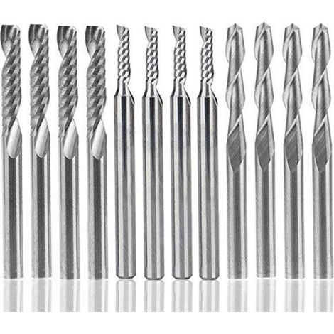 Fraise 12 PCS, 4 PCS 1/8 "pour fraises CNC Outils à double cannelure + 8 fraises à 1 arête simple PCS (2 types) pour nylon, résine, ABS, acrylique, PVC, MDF, bois