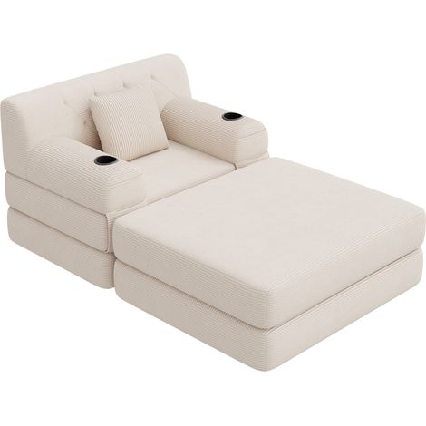 Poltrona letto singola in tessuto cord con pouf, schienale alto, beige MODENUIT (1/5)