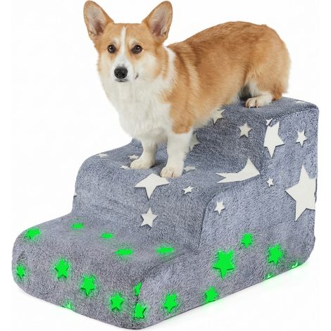 Escalier pour Chien Phosphorescente, Rampe pour Chien à Haute Densité, Fond Antidérapant, Housse en Flanelle Lavable, Charge 30 kg (3 Marches) (1/5)