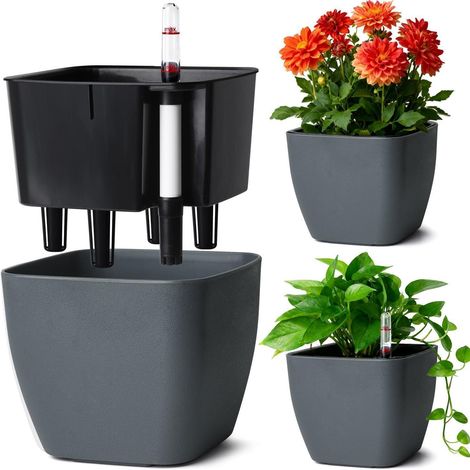 Eckiger Selbstbewässerungstopf 17,5cm mit Wasserstandsanzeige, Grau (1/5)