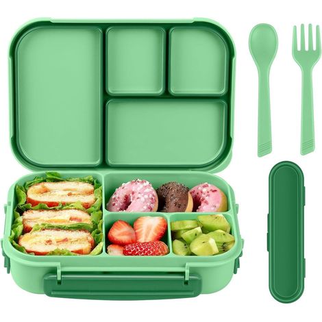 Amathley Brotdose Kinder Bento Box 1200ml 4 Fächer Besteck Cyan (1/5)