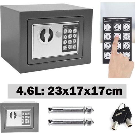 Coffre-Fort 4,6L, Petite Coffres forts électroniques avec 2 Clés d'urgence et Clavier Numérique, Deux Boulon de Verrouillage, Coffre Fort Mural Pour Bureau, la maison, hôtel, 23 x 17 x 17 cm, Gris