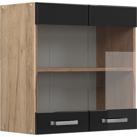 Mobile da cucina in vetro R-Line, Nero lucido, 60 cm, Vicco