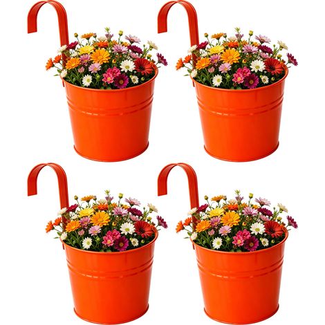 Lot de 4 pots de fleurs suspendus en métal – 16cm Jardinières avec trous de drainage et crochets amovibles – Pour balcon, clôture, et décor à La maison (orange-rouge) (1/5)