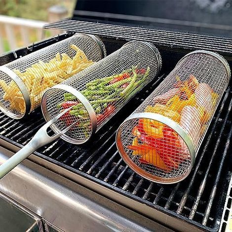 Panier à Griller Roulant,Panier de Barbecue en Acier Inoxydable Panier à Légumes pour Grillades en Plein Air Accessoires Barbecue Panier de Cuisson Ouvert en Inox Peut recevoir un cadeau (30cm) (1/5)