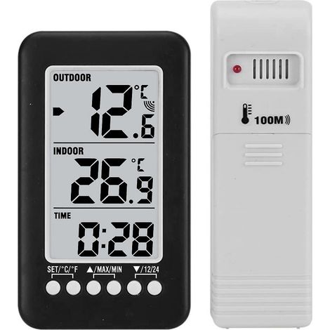 Kabelloses digitales LCD-Thermometer für den Innen- und Außenbereich mit Uhr, Temperaturanzeige in °C/°F und Sender