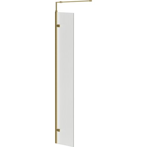 Colore 8mm Fluted Glass Brushed Brass 1850mm x 300mm Walk In Hinged Return Shower Screen (1/5)