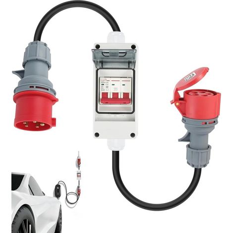 Adaptateur CEE 32A vers 16A, classe de protection IP44, prise adaptateur secteur CEE avec disjoncteur, prise haute tension, câble d'extension CEE avec adaptateur et prise haute tension (32A vers 16A).