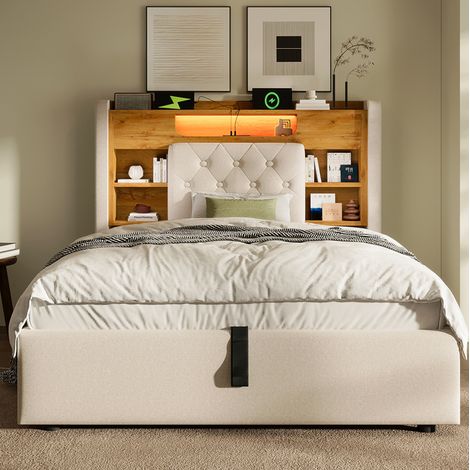 Lit coffre 90x200 cm - Avec tête de lit avec LED, USB et Type C - En tissu - Beige - Sans matelas (1/5)