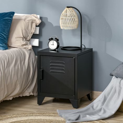 Table de chevet 40x40x50 cm noir en métal avec étagère réglable et porte à persiennes (1/5)