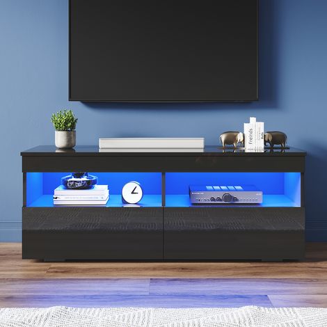 ELEGANT 1200mm Modern High Gloss TV Stands with LED Lights TV Cabinet with 2 Drawers for Living Room Bedroom Furniture, Black (1/5)
