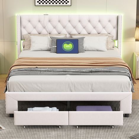 Lit avec tiroirs 140x190 cm, Lit double adulte capitonné avec rivets, station de charge USB, poches latérales et éclairage LED, Velours, Beige
