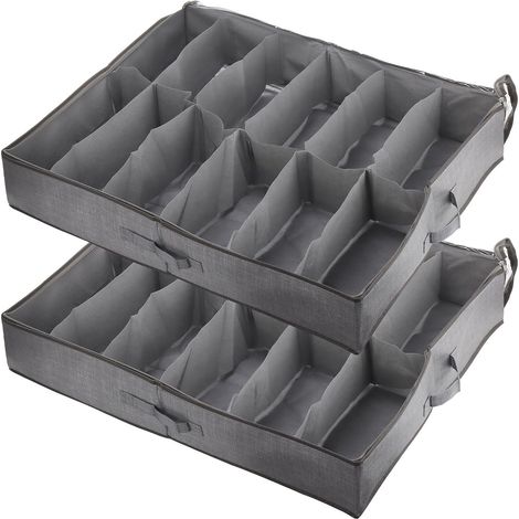 Lot de 2 Sacs de Rangement Chaussures, avec Fenêtre Transparente, Boite Rangement Sous Lit Pliable avec Poignées, pour Organisateur Chaussures, 12 Compartiments, Gris (1/5)